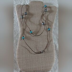 Handmade Peacock & Light Blue Pearl And Metallic Brown Leather Necklace